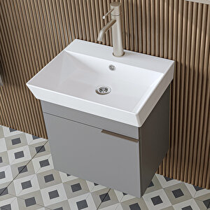Likya Mdflam Tek Kapaklı Lavabolu 49 Cm Banyo Dolabı + Üst Dolabı, Mini Lavabolu Banyo Dolabı Takımı Kül Gri̇