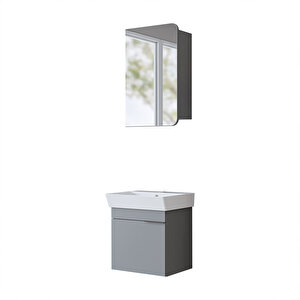 Likya Mdflam Tek Kapaklı Lavabolu 49 Cm Banyo Dolabı + Üst Dolabı, Mini Lavabolu Banyo Dolabı Takımı Kül Gri̇