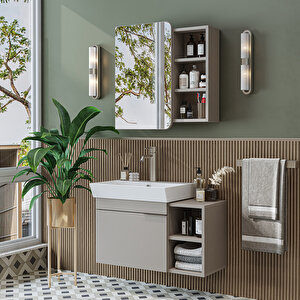 Likya Tek Kapaklı Lavabolu 82 Cm Banyo Alt Dolabı + Üst Dolabı, Lavabolu Mdflam Banyo Dolabı Takımı Kumtaşi Kumtaşı