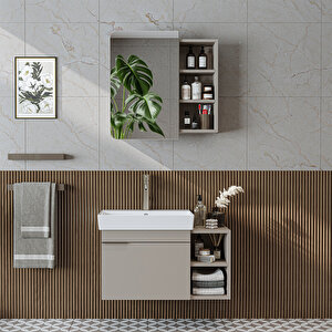 Likya Tek Kapaklı Lavabolu 82 Cm Banyo Alt Dolabı + Üst Dolabı, Lavabolu Mdflam Banyo Dolabı Takımı Kumtaşi