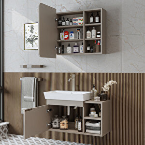 Likya Tek Kapaklı Lavabolu 82 Cm Banyo Alt Dolabı + Üst Dolabı, Lavabolu Mdflam Banyo Dolabı Takımı Kumtaşi