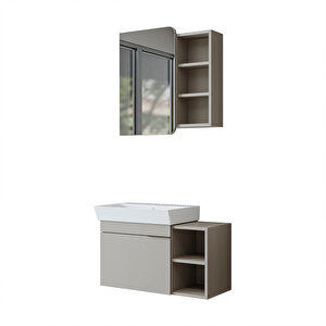 Likya Tek Kapaklı Lavabolu 82 Cm Banyo Alt Dolabı + Üst Dolabı, Lavabolu Mdflam Banyo Dolabı Takımı Kumtaşi