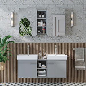 Likya 2 Kapaklı Ve Açık Raflı Mdflam 2 Lavabolu 120 Cm Banyo Alt Dolabı Üst Dolabı Kül Gri̇ Kül Gri