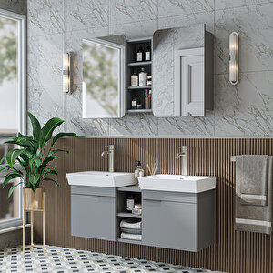 Likya 2 Kapaklı Ve Açık Raflı Mdflam 2 Lavabolu 120 Cm Banyo Alt Dolabı Üst Dolabı Kül Gri̇ Kül Gri