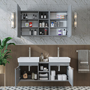 Likya 2 Kapaklı Ve Açık Raflı Mdflam 2 Lavabolu 120 Cm Banyo Alt Dolabı Üst Dolabı Kül Gri̇