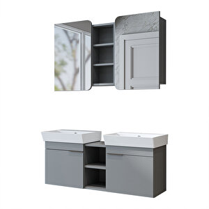 Likya 2 Kapaklı Ve Açık Raflı Mdflam 2 Lavabolu 120 Cm Banyo Alt Dolabı Üst Dolabı Kül Gri̇