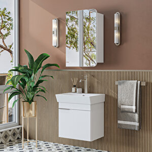 Likya Mdflam Tek Kapaklı Lavabolu 49 Cm Banyo Dolabı + Üst Dolabı, Mini Lavabolu Banyo Dolabı Takımı Beyaz Beyaz