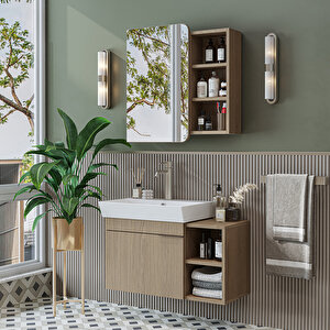 Likya Tek Kapaklı Lavabolu 82 Cm Banyo Alt Dolabı + Üst Dolabı, Lavabolu Mdflam Banyo Dolabı Takımı Klimt Meşe