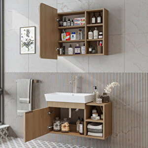 Likya Tek Kapaklı Lavabolu 82 Cm Banyo Alt Dolabı + Üst Dolabı, Lavabolu Mdflam Banyo Dolabı Takımı Klimt