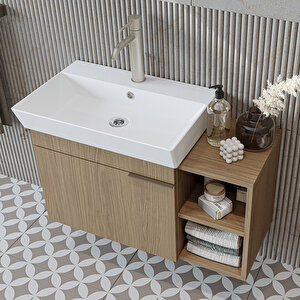 Likya Tek Kapaklı Lavabolu 82 Cm Banyo Alt Dolabı + Üst Dolabı, Lavabolu Mdflam Banyo Dolabı Takımı Klimt
