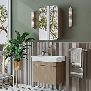Likya Lavabolu Banyo Dolabı Takımı, Mdflam Tek Kapaklı Lavabolu 59 Cm Banyo Alt Dolabı + Üst Dolabı Kli̇mt Meşe