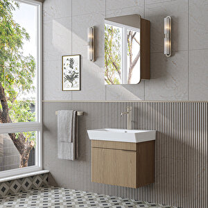 Likya Lavabolu Banyo Dolabı Takımı, Mdflam Tek Kapaklı Lavabolu 59 Cm Banyo Alt Dolabı + Üst Dolabı Kli̇mt