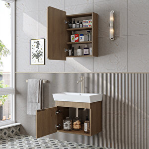 Likya Lavabolu Banyo Dolabı Takımı, Mdflam Tek Kapaklı Lavabolu 59 Cm Banyo Alt Dolabı + Üst Dolabı Kli̇mt