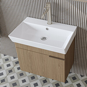 Likya Lavabolu Banyo Dolabı Takımı, Mdflam Tek Kapaklı Lavabolu 59 Cm Banyo Alt Dolabı + Üst Dolabı Kli̇mt