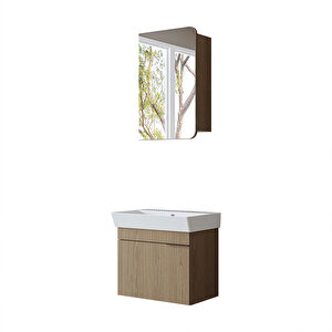 Likya Lavabolu Banyo Dolabı Takımı, Mdflam Tek Kapaklı Lavabolu 59 Cm Banyo Alt Dolabı + Üst Dolabı Kli̇mt
