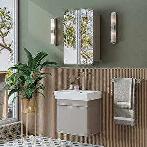 Likya Mdflam Tek Kapaklı Lavabolu 49 Cm Banyo Dolabı + Üst Dolabı, Mini Lavabolu Banyo Dolabı Takımı  Kumtaşi Kumtaşı