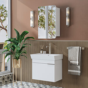 Likya Lavabolu Banyo Dolabı Takımı, Mdflam Tek Kapaklı Lavabolu 59 Cm Banyo Alt Dolabı + Üst Dolabı Beyaz Beyaz