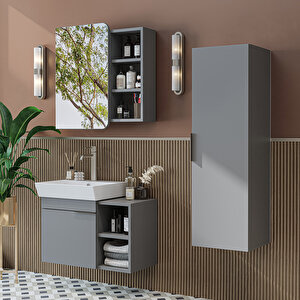 Likya Kapaklı Ve Açık Raflı Mdflam Lavabolu 72 Cm Banyo Alt Dolabı + Üst Dolabı + Banyo Boy Dolabı Kül Gri̇ Kül Gri