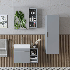 Likya Kapaklı Ve Açık Raflı Mdflam Lavabolu 72 Cm Banyo Alt Dolabı + Üst Dolabı + Banyo Boy Dolabı Kül Gri̇