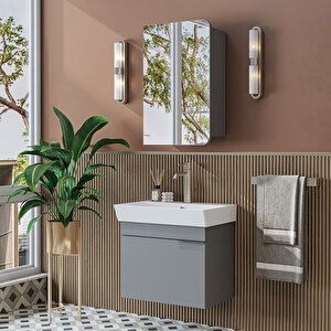 Likya Lavabolu Banyo Dolabı Takımı, Mdflam Tek Kapaklı Lavabolu 59 Cm Banyo Alt Dolabı + Üst Dolabı Kül Gri̇ Kül Gri