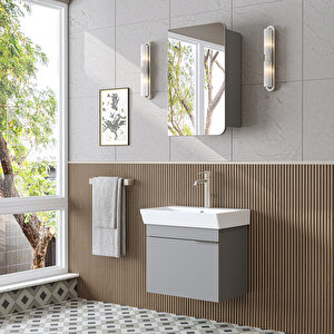 Likya Lavabolu Banyo Dolabı Takımı, Mdflam Tek Kapaklı Lavabolu 59 Cm Banyo Alt Dolabı + Üst Dolabı Kül Gri̇