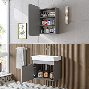 Likya Lavabolu Banyo Dolabı Takımı, Mdflam Tek Kapaklı Lavabolu 59 Cm Banyo Alt Dolabı + Üst Dolabı Kül Gri̇
