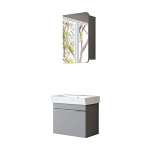 Likya Lavabolu Banyo Dolabı Takımı, Mdflam Tek Kapaklı Lavabolu 59 Cm Banyo Alt Dolabı + Üst Dolabı Kül Gri̇