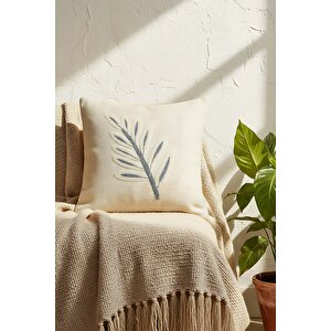 Mavi Yapraklar Hasır Görünümlü Dokuma Punch Kırlent Kılıfı