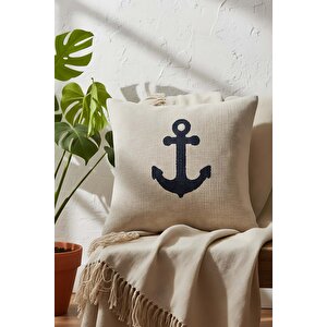 Lacivert Çapa Hasır Görünümlü Dokuma Punch Kırlent Kılıfı