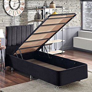 Ela Baza Ve Başlık Seti - 90x190 Cm Tek Kişilik Siyah Kumaş Baza Ve Başlığı Silinebilir Soho Kumaş