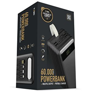 Tx60 Si̇yah 60000 Mah Çoklu Çikiş Di̇ji̇tal Göstergeli̇ Ekstra Kablolu Powerbank
