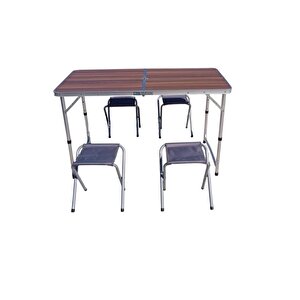 Çanta Tipi 4 Tabureli Katlanır Kamp Masa Seti - Ahşap Desen