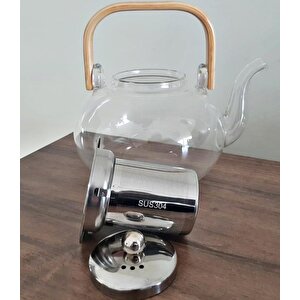 Ateşe Dayanıklı Çelik Süzgeçli Ahşap Saplı Lüx Cam Demlik 1500ml-20814