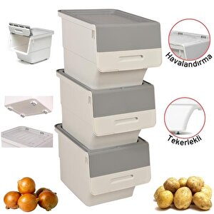 Motek Tekerlekli Patateslik Soğanlık Oyuncak Kutusu Patateslik Soğanlık Sepeti 3x12lt Beyaz+gri