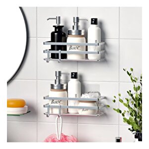 Banyo Düzenleyici Yapışkanlı Metal Banyo Rafı İkili Duş Rafı Organizer Şampuanlık Krom-gnrl281
