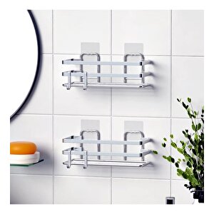 Banyo Düzenleyici Yapışkanlı Metal Banyo Rafı İkili Duş Rafı Organizer Şampuanlık Krom-gnrl281