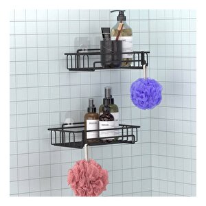Banyo Düzenleyici Yapışkanlı Metal Banyo Ve Dolap Rafı İkili Duş Rafı Organizer Şampuanlık Mat Siyah-gnrl242