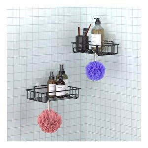 Banyo Düzenleyici Yapışkanlı Metal Banyo Ve Dolap Rafı İkili Duş Rafı Organizer Şampuanlık Mat Siyah-gnrl242