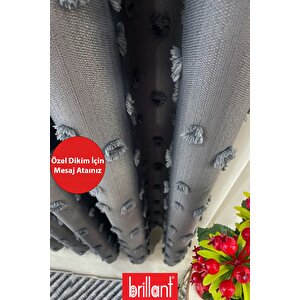 Fon Perde Koyu Gri Pufy Brillant Püsküllü, Ponponlu, Saçaklı Fon Perde Sık Pileli Keten Pano Fon 150x250 cm