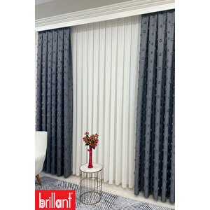 Fon Perde Koyu Gri Pufy Brillant Püsküllü, Ponponlu, Saçaklı Fon Perde Sık Pileli Keten Pano Fon 90x270 cm