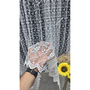 Tül Perde Kırık Beyaz Ekru Çiçek Desenli İşlemeli Salon Mutfak Kısa Petek Üstü Kırışmaz Sık Pileli 380x250 cm