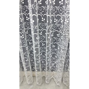 Tül Perde Kırık Beyaz Ekru Çiçek Desenli İşlemeli Salon Mutfak Kısa Petek Üstü Kırışmaz Sık Pileli