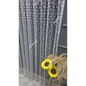 Tül Perde Kırık Beyaz Ekru Çiçek Desenli İşlemeli Salon Mutfak Kısa Petek Üstü Kırışmaz Sık Pileli