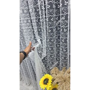Tül Perde Kırık Beyaz Ekru Çiçek Desenli İşlemeli Salon Mutfak Kısa Petek Üstü Kırışmaz Sık Pileli