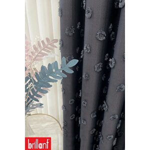 Fon Perde Antrasit Pufy Brillant Püsküllü, Ponponlu, Saçaklı Fon Perde Sık Pileli Keten Pano Fon 90x270 cm