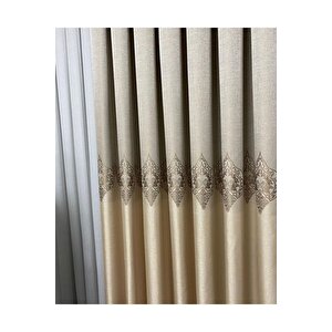 Taş - Krem Pano Fon Perde, Lüks Desenli Perde,a Kali̇te,blackout 1*3 Sık Pile,(tek Kanat) 90x265 cm