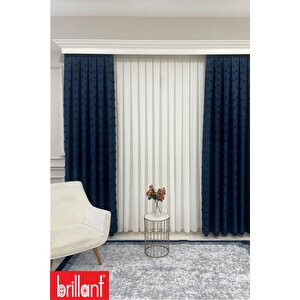 Fon Perde Lacivert Pufy Brillant Püsküllü, Ponponlu, Saçaklı Fon Perde Sık Pileli Keten Pano Fon