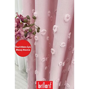 Fon Perde Şeker Pembe Pufy Brillant Püsküllü, Ponponlu, Saçaklı Fon Perde Sık Pileli Keten Pano Fon 80x280 cm