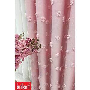 Fon Perde Şeker Pembe Pufy Brillant Püsküllü, Ponponlu, Saçaklı Fon Perde Sık Pileli Keten Pano Fon 80x280 cm