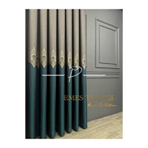 Taş - Yeşil Pano Fon Perde, Lüks Desenli Perde,a Kali̇te,blackout 1*3 Sık Pile,(tek Kanat) 80x240 cm